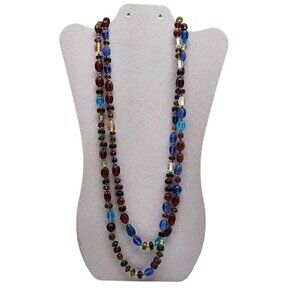 Abstract Boho Multicolor Beaded Necklace With Glass Beads Metal Accents